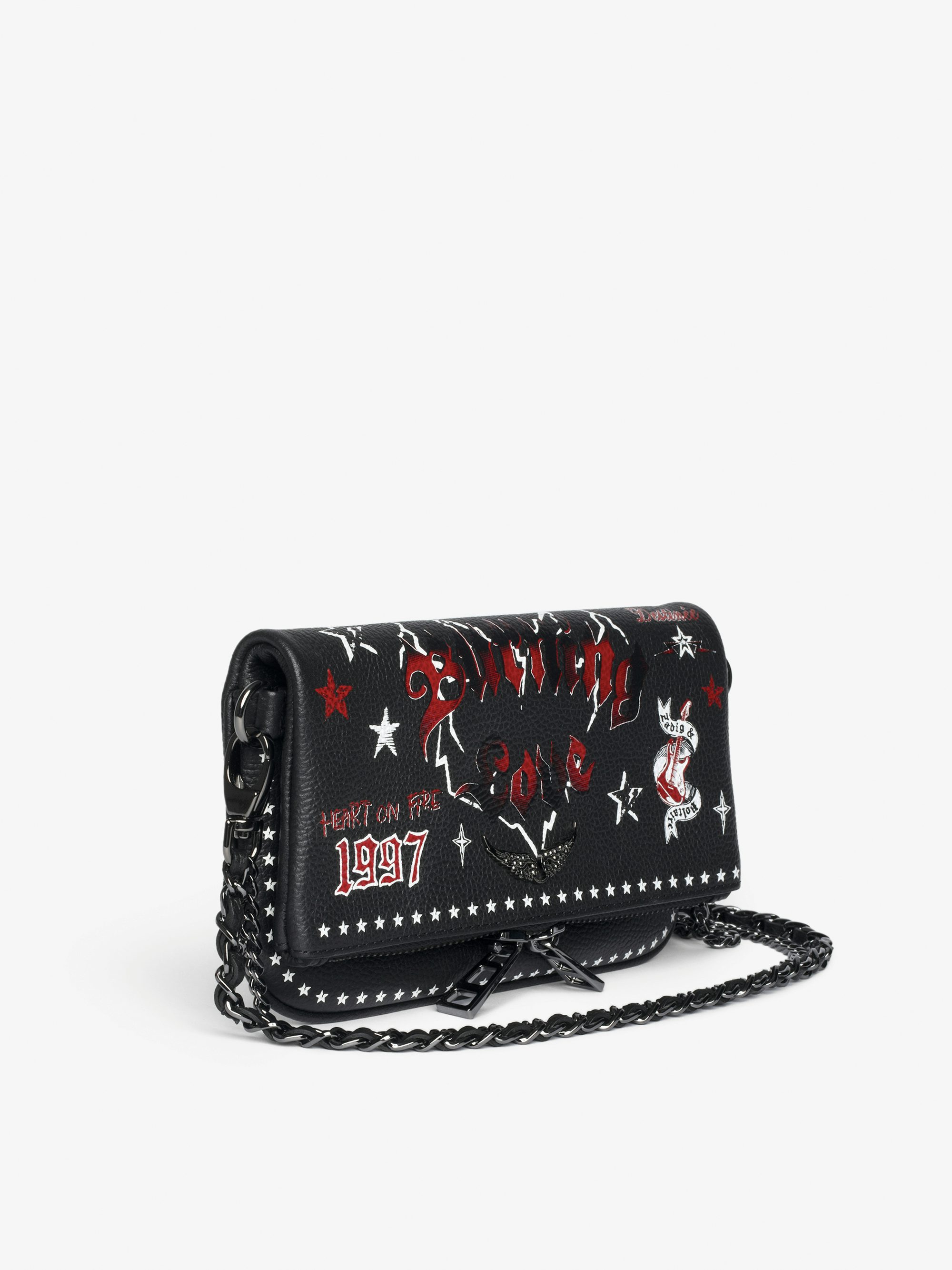 Rock Nano Punk Clutch - Punk grained leather clutch with double leather and metal chains and rhinestone-embellished wings.